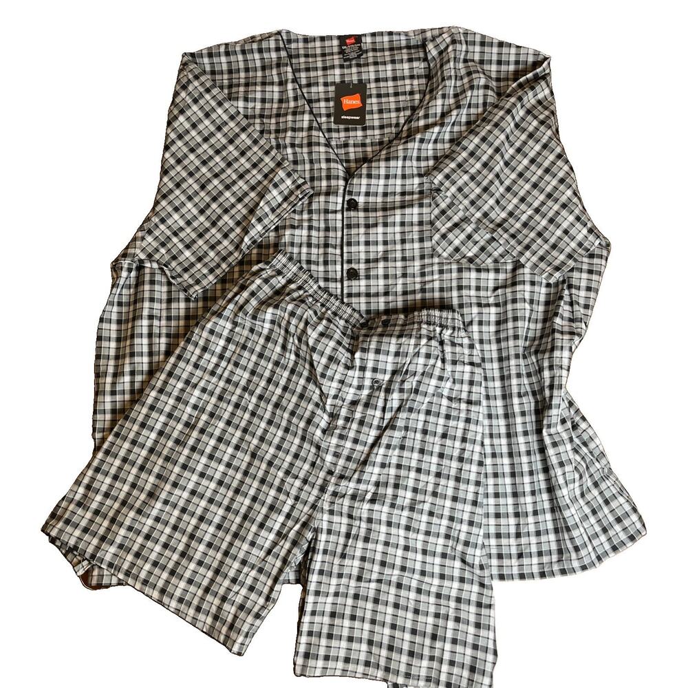 Hanes Men's 2pc Woven Cotton/Poly Plaid Pajama Set Button Up Top & Shorts 5XL